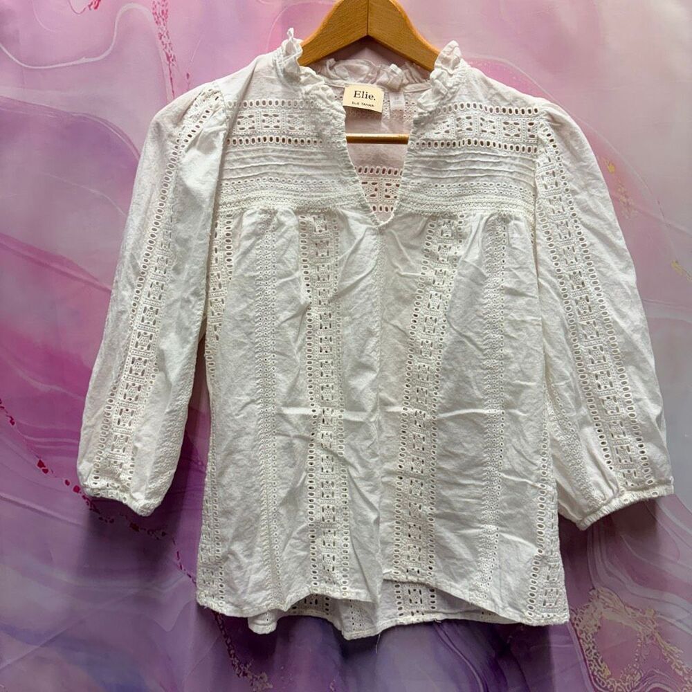Elie Tahari S White Embroidered Eyelet Cotton Blouse Boho Chic Luxury Romantic